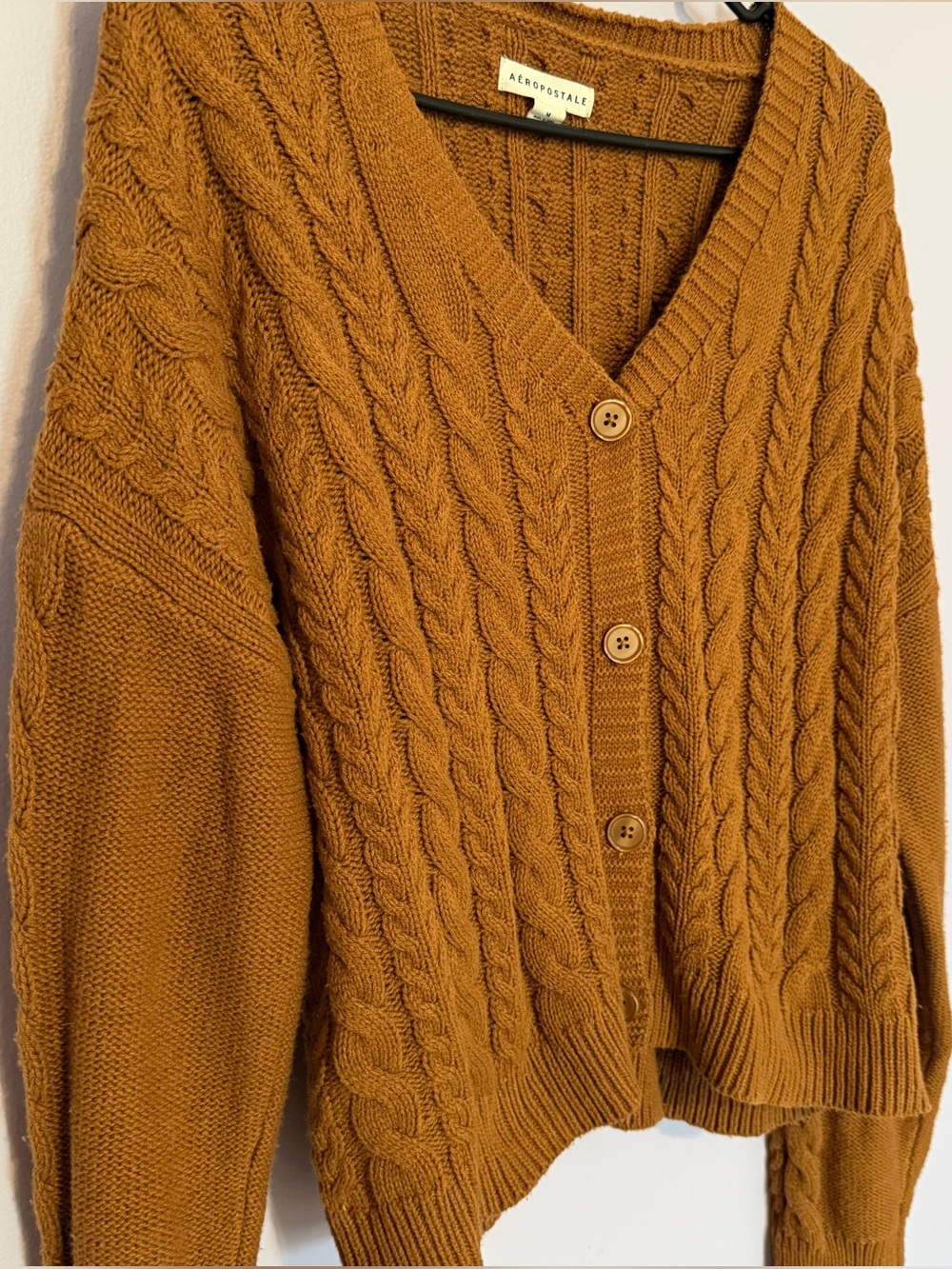Aeropostale Women's Cable-Knit Button Cardigan in Mustard Brown